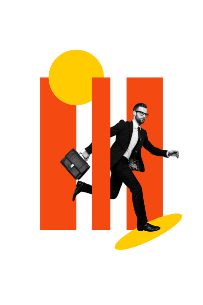 严肃商人的垂直照片拼贴，工作职业，晚间加班，执行官手提公文包，老板在涂鸦背景下独立。图片下载