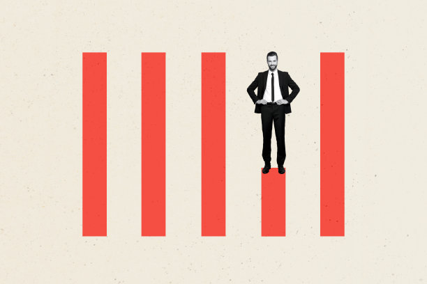 趋势艺术作品素描图像照片拼贴，展示年轻男商人在小平台上站立，作为办公室经理，旁边有交易业务图形和统计数据。图片下载