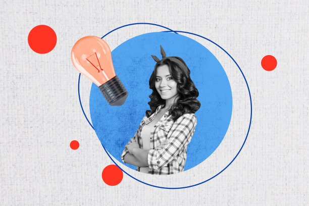 趋势艺术素描合成3D照片拼贴，创意灯具解决难题，聪明机智的年轻女性，复古风格微笑肖像图片下载