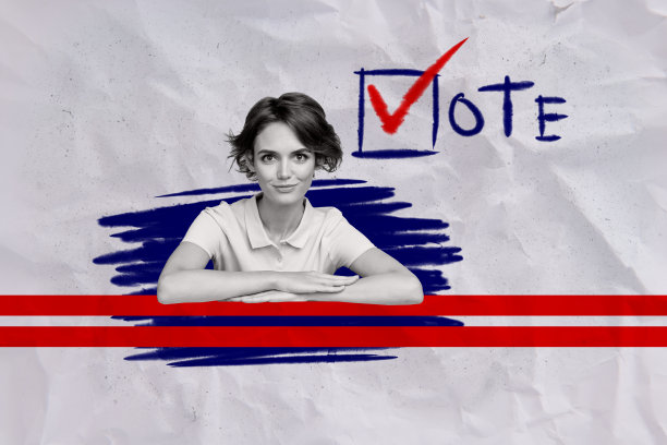 创意图片拼贴，年轻漂亮的女性候选人坐着，投票总统选举，权威激动，勾选框，做出选择图片下载