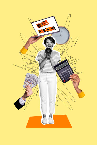 快乐的女商人手持扩音器、现金和计算器，展示时间管理的垂直照片拼贴，背景为涂鸦风格。图片下载