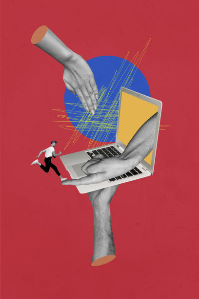 垂直创意照片，笔记本电脑数字设备，远程工作，3D手部身体碎片，奔跑的人，社交媒体网络成瘾图片下载