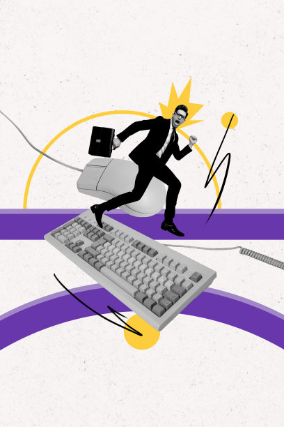 年轻商人成功庆祝的趋势艺术合成图，3D照片拼贴，走在旧键盘和鼠标线缆旁的办公工具上。图片下载