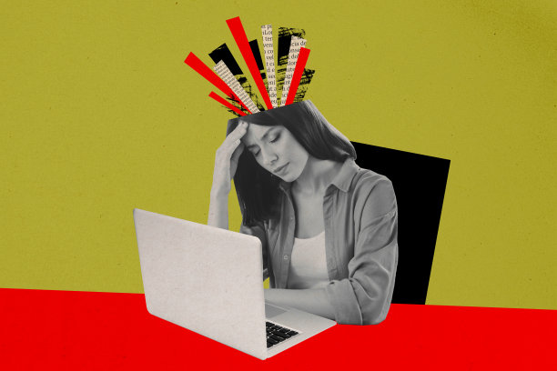 疲惫的剪影女性在办公室工作，因过度劳累而感到头痛，电脑前的压力与倦怠的3D照片拼贴艺术作品。图片下载