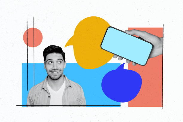 黑白色调的年轻男孩微笑着，手持智能手机，展示聊天气泡的合成趋势艺术草图照片拼贴。图片下载