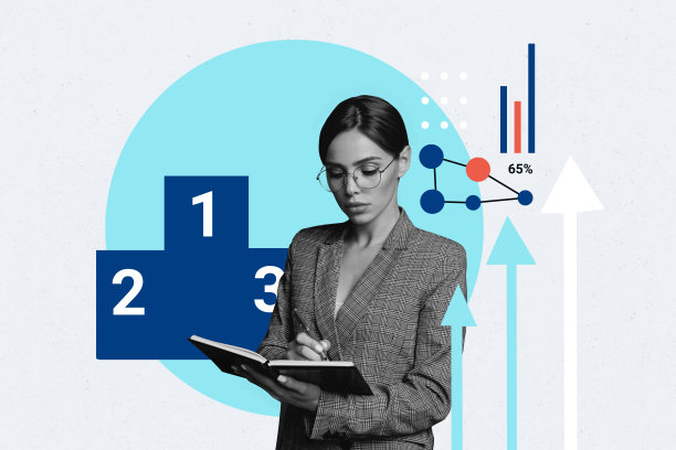 趋势艺术作品合成素描图像照片拼贴，展示交易员的商业工作图形统计箭头分析，年轻女士在写笔记本。图片下载