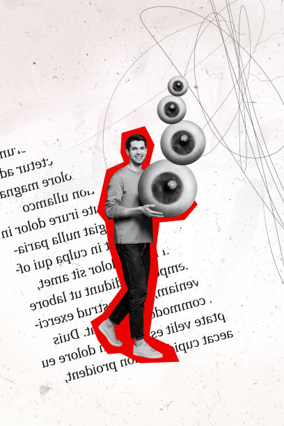 垂直照片拼贴，快乐的男人走路，手里拿着逼真的眼球堆，监督健康，孤立在涂鸦背景上。图片下载