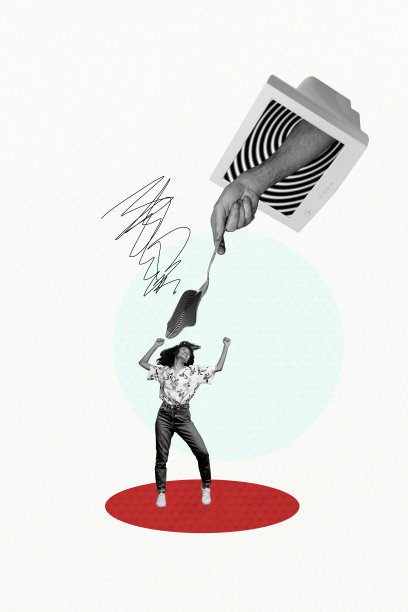 快乐的美国女孩在涂鸦背景下跳舞，展示了关于催眠、勺子、电脑成瘾、科技骗局和洗脑的垂直照片拼贴。图片下载