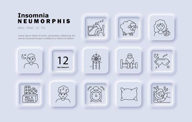 失眠线条图标。焦躁不安的人，数羊，警觉的大脑，捕梦网，褪黑激素药丸，疲惫的面孔，闹钟，枕头，睡眠不适，疲劳，睡衣。图片下载