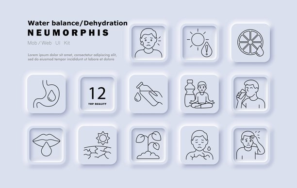 脱水线条图标。汗水、口渴、晒伤、干裂的皮肤、柑橘、水瓶、嘴唇、枯萎的植物、干燥的嘴、瑜伽、头痛、胃痛。图片下载