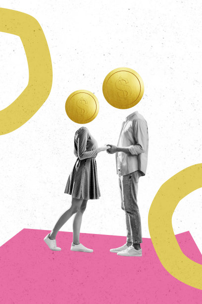 工作交易员的艺术草图照片拼贴，展示了美元、比特币和现金的头部硬币，一对年轻男女手牵手。图片下载