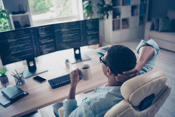 后背视角照片，手持新鲜咖啡杯的IT专家在室内工作场所控制网络安全，管理初级员工的代码。图片下载