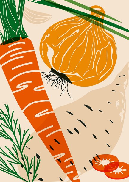 蔬菜海报。有机蔬菜食品，新鲜天然农产品，土豆、洋葱、胡萝卜和绿色蔬菜，素食餐厅菜单的丝网印刷封面。矢量卡通背景图片下载