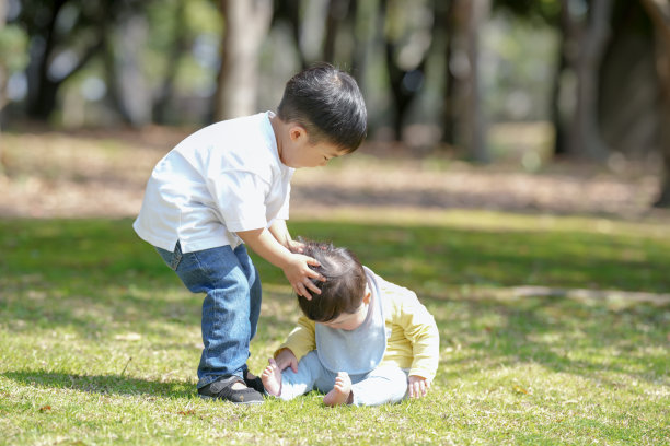 在日本的一个阳光明媚的森林公园里，一个3岁的日本男孩正在和他6个月大的弟弟玩耍。这张照片展示了春天柔和的光线下，兄弟之间宁静而温馨的时刻。图片下载