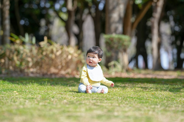 在日本的一个阳光明媚的森林公园里，一个6个月大的日本宝宝安静地坐在草地上。这张照片捕捉了一个宁静而温馨的早期童年时刻，周围环绕着春天的自然景色。图片下载
