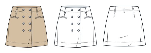 女性扣子迷你裙技术时尚插图。牛仔裙时尚平面技术图纸模板，口袋，正面和背面视图，白色，米色，女性CAD模型。图片下载