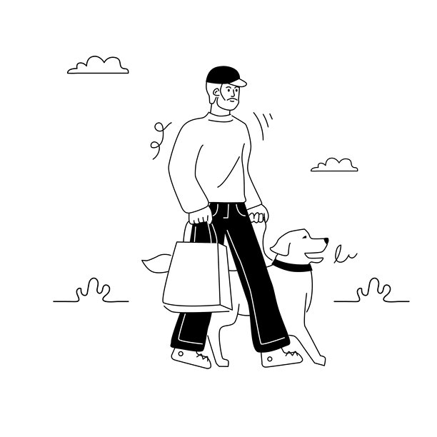 一位中年男子与他的狗一起散步。金毛寻回犬和它的主人一起移动。这是一幅手绘的黑白插图。图片下载