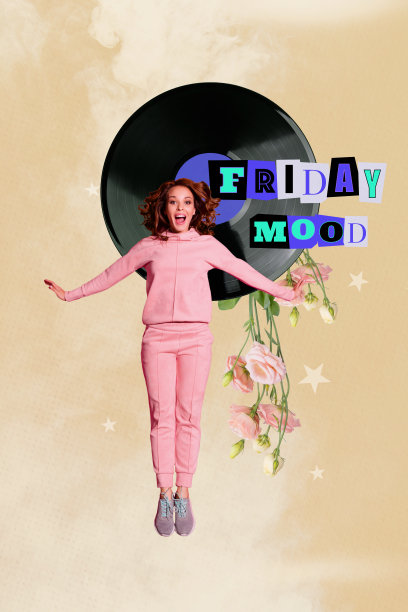 垂直时尚的照片拼贴，快乐女孩在庆祝活动中跳舞，黑胶唱片，花朵绽放，洋桔梗，生日派对问候图片下载