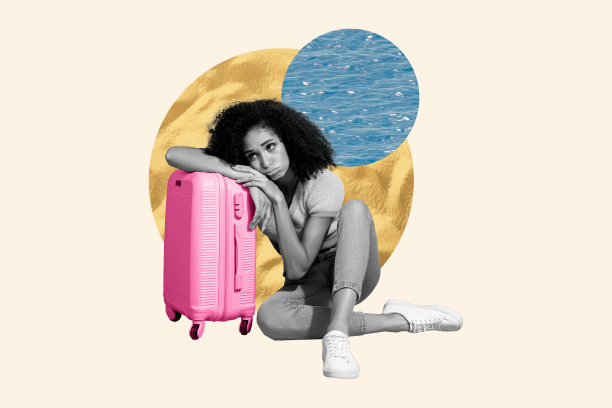 模板海报潮流艺术作品 3D 照片拼贴 放松旅行 夏季航行 不开心的年轻女性坐着 梦想海洋 放松 手握行李图片下载