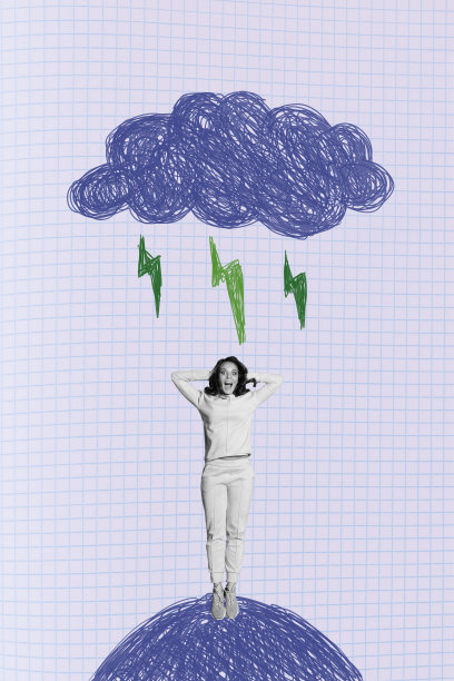 垂直照片拼贴，描绘了一位思考的女孩和男孩，周围有涂鸦、雨云、秋天、春天、风暴、闪电、恶劣天气和气旋。图片下载