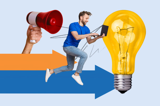 快乐的女商人与男商人的创意艺术素描照片拼贴，象征着箭头发展、灯泡进步、计划与机会。图片下载