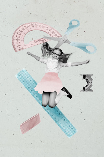 快乐的女学生跳跃的3D杂志图像照片拼贴，教育用品包括剪刀、尺子、橡皮擦，回到学校的准备。图片下载