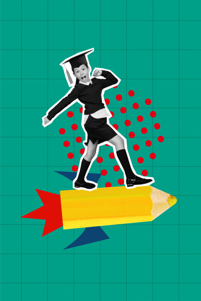 年轻女孩微笑走路的复合素描设计艺术作品，3D照片拼贴，火箭飞翔，知识，学生，教育，初级班。图片下载