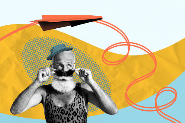 时尚艺术创意全彩杂志照片拼贴，快乐的老者戴着帽子和太阳镜，飞机起飞，开始夏季假期冒险。图片下载