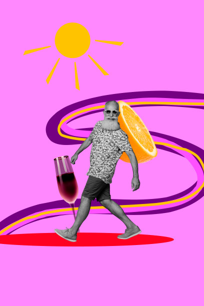 时尚艺术创意的垂直照片拼贴，展示快乐的老人在夏季假期中手持酒杯，享受橙子和柑橘类食物。图片下载