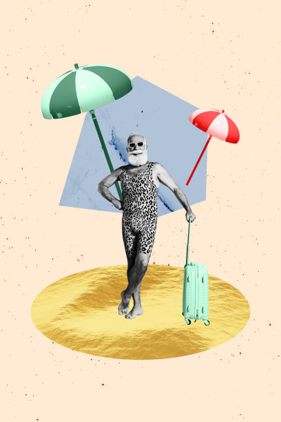 快乐的老人在度假村的沙滩上站着，手里拿着行李箱和伞，穿着豹纹泳衣的竖版艺术拼贴照片图片下载