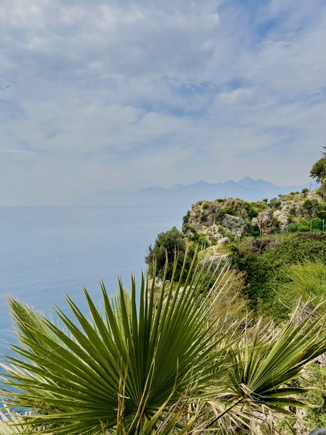 垂直照片展示了开花的紫藤和热带绿植的岩石坡，俯瞰着雾蒙蒙的山脉和海洋，天空布满云彩。图片下载