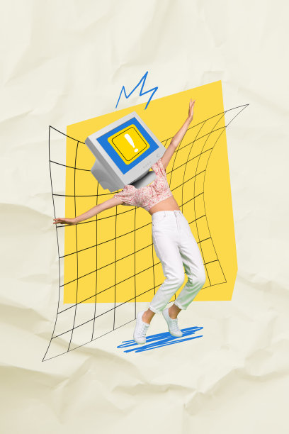 无头年轻女性的照片拼贴艺术作品，隐秘人物，复古电脑显示器，保持平衡和注意力图片下载