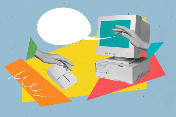 工作空间办公室经理的照片拼贴艺术作品，复古风格，手部出现在文本框和云气泡中，鼠标点击。图片下载