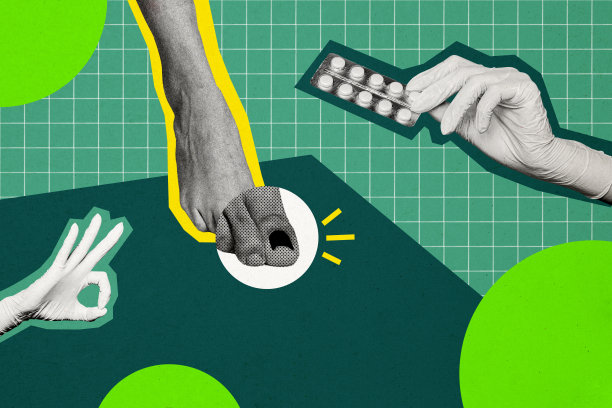 医生足病专家咨询脚趾感染治疗药物推荐的合成照片拼贴，背景为涂鸦风格。图片下载