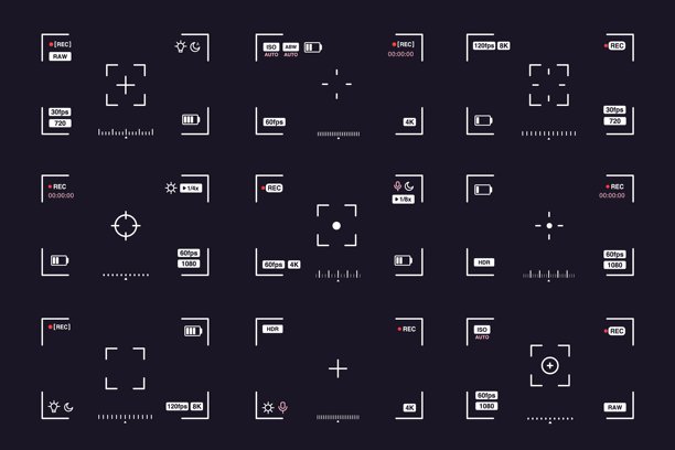 相机取景器屏幕。照片和视频界面。移动相机数字显示，用户界面视频元素快门按钮，智能手机闪光灯设置，定时器选项，缩放级别。矢量图集图片下载