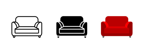 沙发图标。舒适的红色沙发，带扶手的矢量插图。适用于客厅设计、休闲空间和现代室内装饰概念的家居家具符号。图片下载