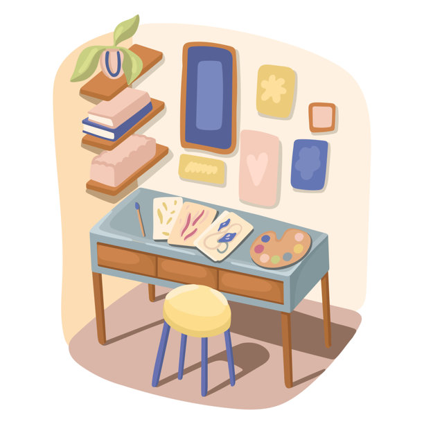 舒适的家庭办公室绘画工作空间。自由插画师的生活方式。矢量图。图片下载