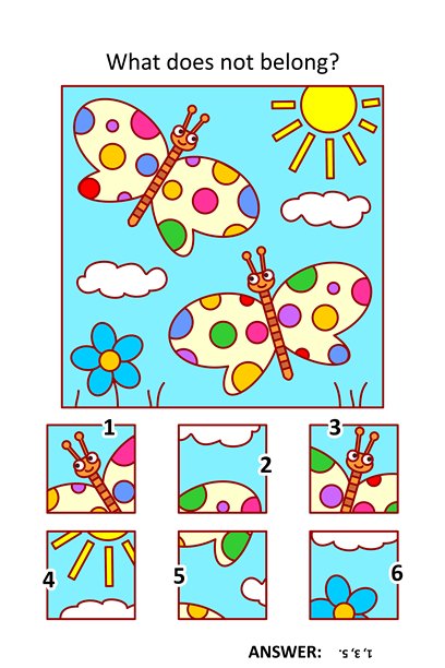 视觉拼图，包含图片碎片。春天或夏天的蝴蝶。哪个不属于？图片下载