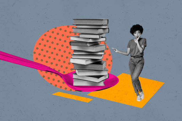 流行艺术风格的完整杂志照片拼贴，快乐的女孩和男孩站在图书馆，书本堆叠，学术教育，学习者，词汇，百科全书，勺子图片下载