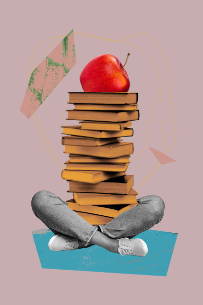 垂直素描图像照片拼贴，匿名学生女孩和男孩，书本堆叠，教育，苹果水果，小说，阅读爱好图片下载