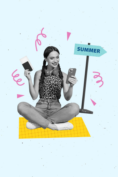 流行横幅时尚垂直照片拼贴，快乐女孩手持手机、护照和票据，坐在箭头指示牌旁，享受夏季休闲旅行。图片下载