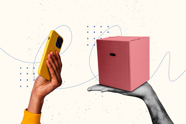 草图图像趋势艺术作品蒙太奇，3D照片拼贴，展示客户在收货后使用智能手机握住包裹盒的在线商店服务。图片下载