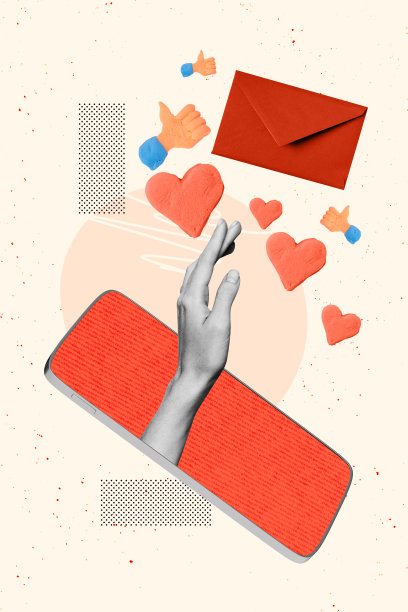 趋势复合素描模板照片拼贴，智能手机触摸屏手伸向信封，拇指点赞分享博客应用媒体反应图片下载