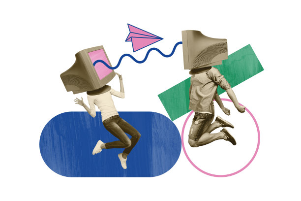 3D照片拼贴趋势草图模板，艺术作品包含贴纸便条、评论消息气泡、纸飞机、两个身体、电脑显示器和跳跃的头部图片下载