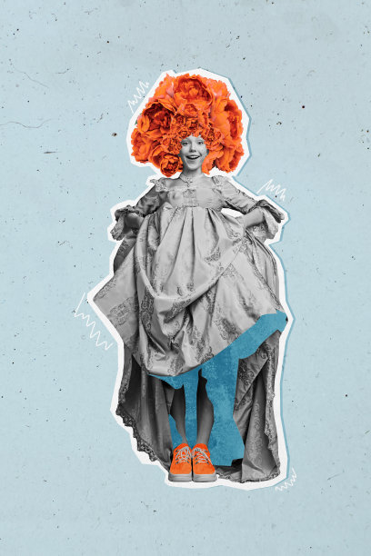 复合素描设计艺术作品，照片拼贴，假发贵族风格配饰，复古时尚， peony 花束，年轻女士微笑站立。图片下载