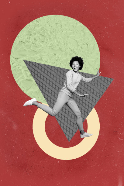 垂直海报艺术照片拼贴，快乐的女商人和男商人站在几何图形前，展示职业发展进步统计数据图片下载