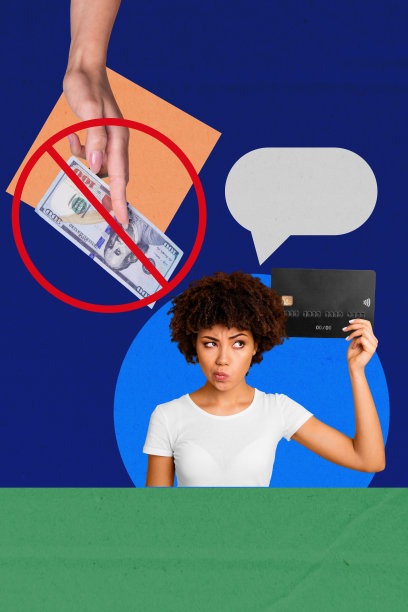 手持钞票的年轻女士的复合艺术照片拼贴模板，信用卡、金融投资者、通货膨胀危机、预算图片下载