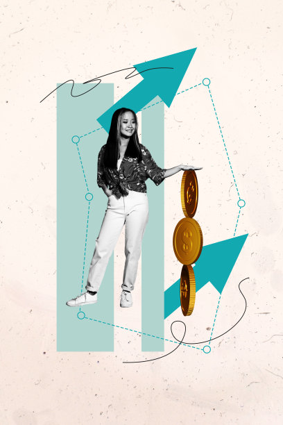 趋势艺术复合横幅 3D 照片拼贴，展示年轻女士手持一堆硬币与箭头，象征薪资市场、金融和收益。图片下载