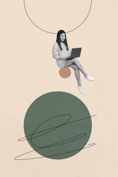 快乐的女商人与男商人走在几何图形中，展示职业晋升成功的3D垂直照片拼贴。图片下载