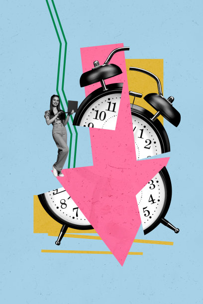 垂直素描图像照片拼贴，快乐的女孩和男孩手持笔记本电脑，破损的时钟和闹钟，截止日期，自由职业者商业工作者图片下载